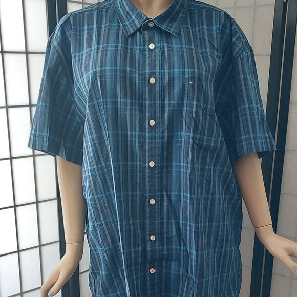 Tommy Hilfiger Men's XXL Blue & Gray Plaid Short Sleeve Button-Down 100% Cotton - Picture 4 of 7